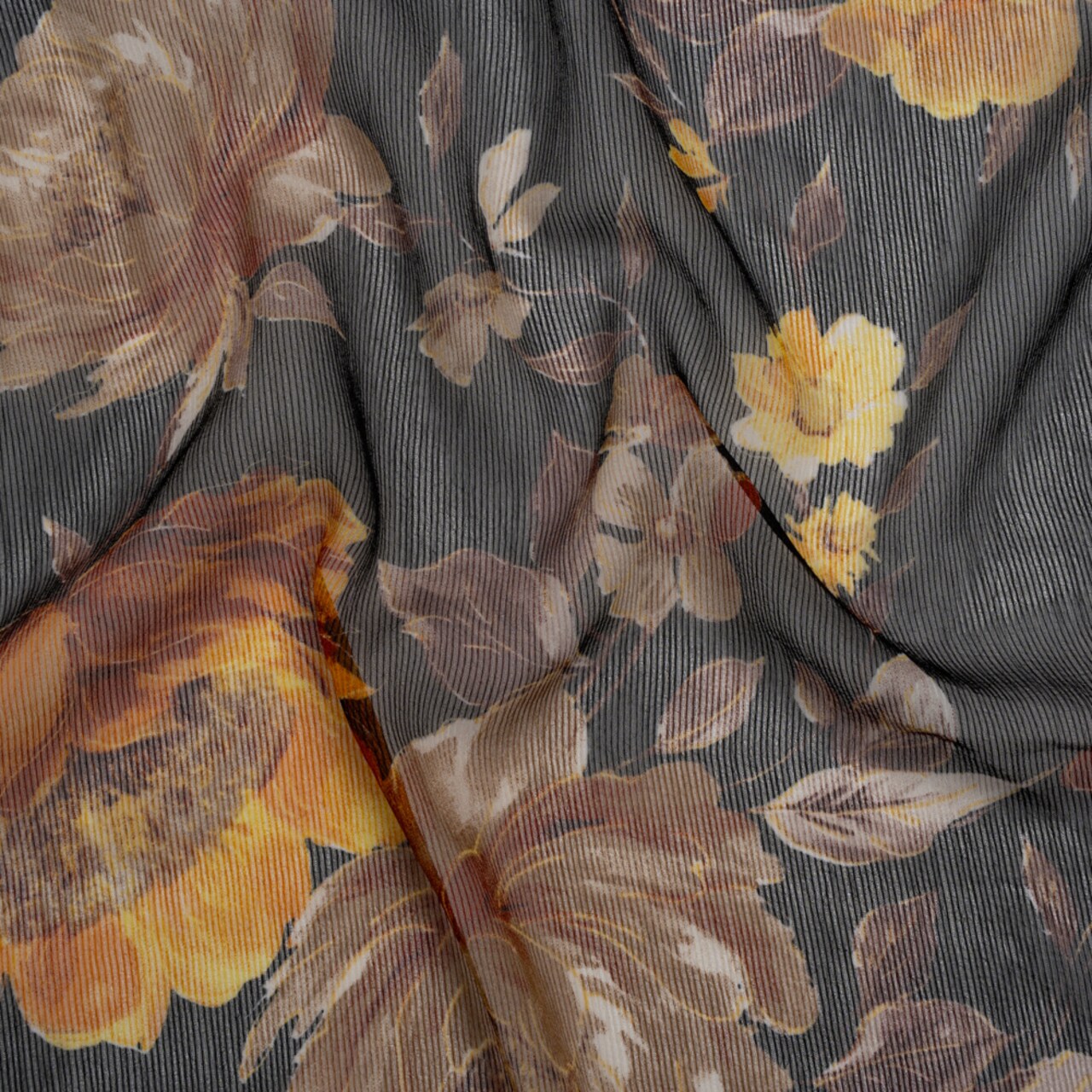 1 Yard Polyester Chiffon Fabric Floral Print, Black, Orange & Yellow, 61" Width